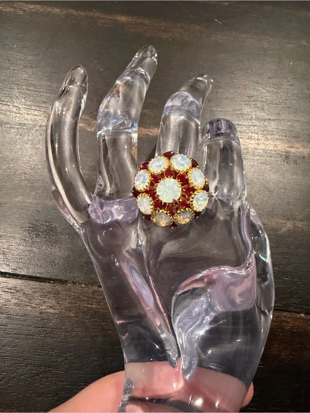 Faux garnet and white opal cluster stretch ring